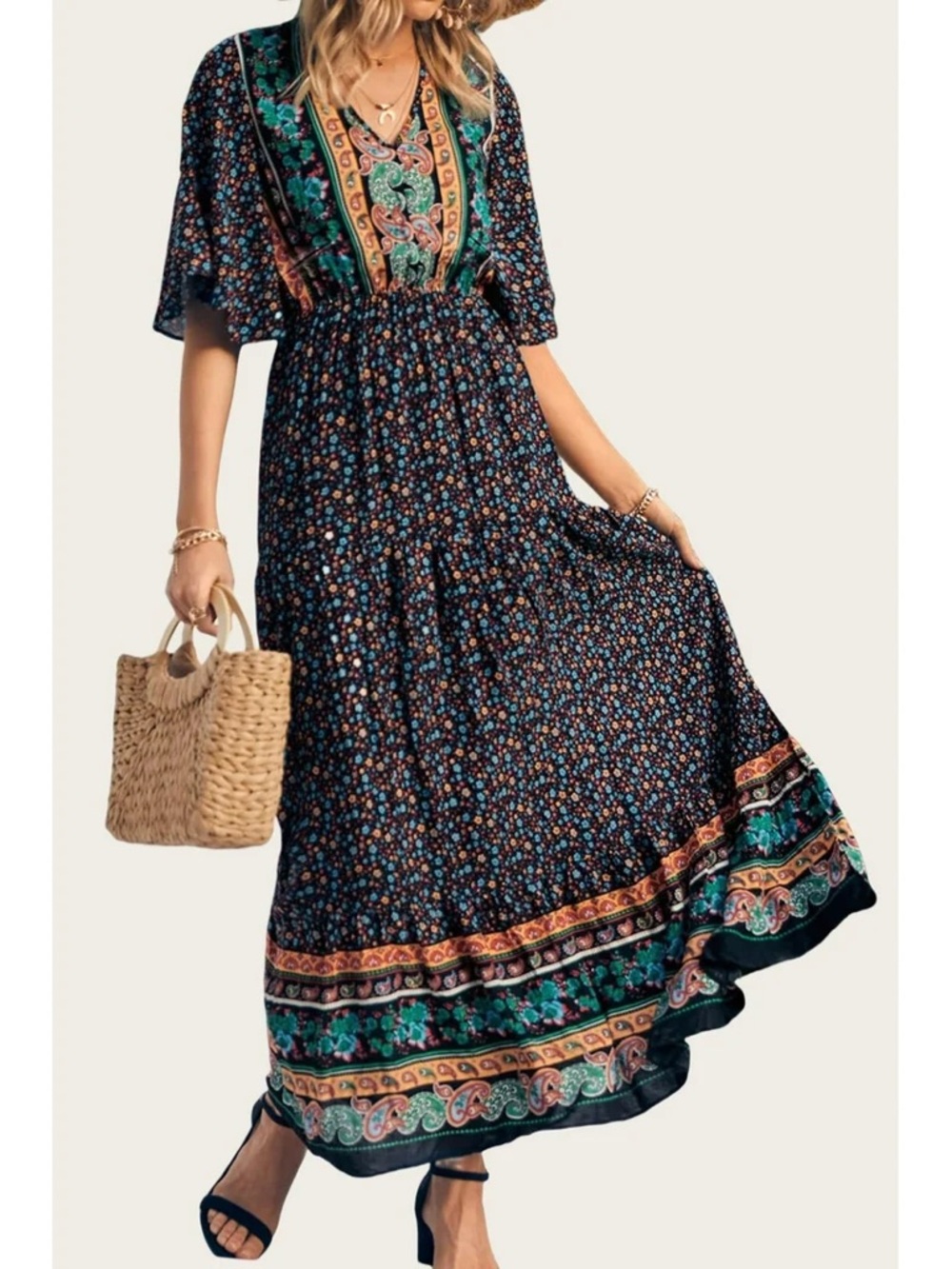 Black Boho Floral Maxi Dress, paisley, wide sleeves, festival, hippie